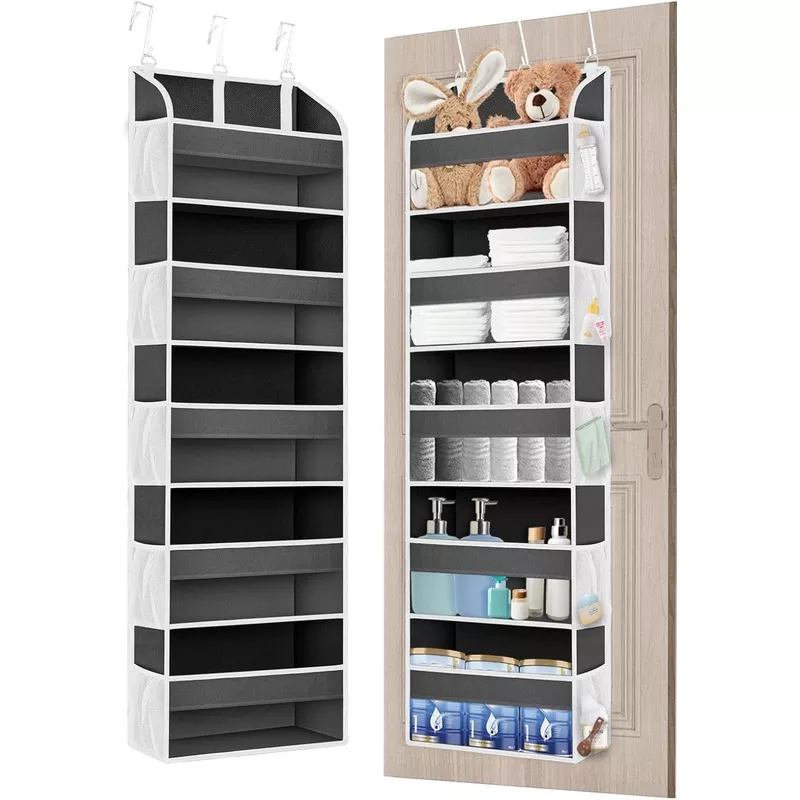 1 Pack Over The Door Organizer Storage, Hanging Organizer Closet with 5 Large Pockets 10 Mesh Pockets, 44 lbs Weight Capacity, Behind Door Storage for Nursery Bedroom Bathroom (Dark Grey)