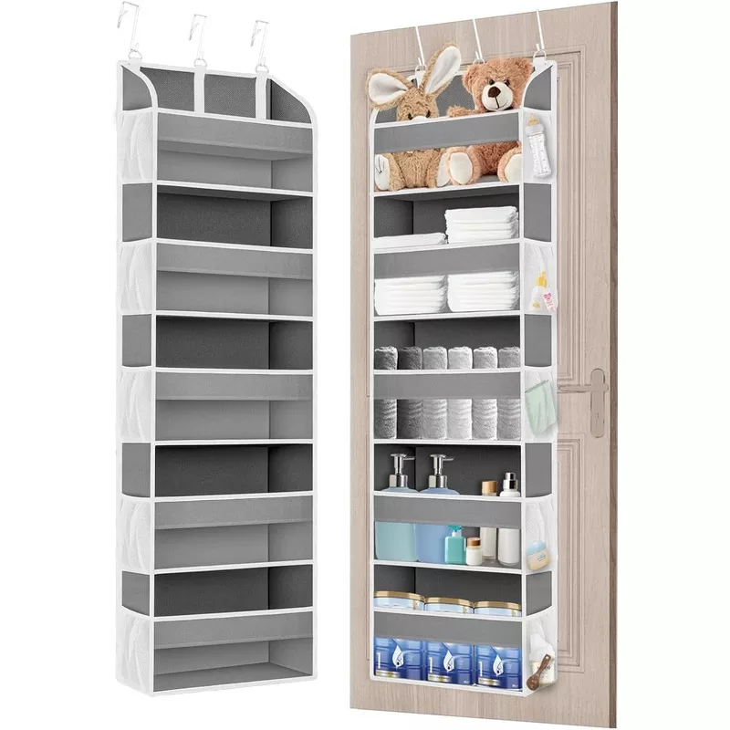 1 Pack Over The Door Storage Organizer with 5 Pockets 10 Mesh Side Pockets, 44 lbs Weight Capacity Door Hanging Organizers and Storage for Bedroom,Bathroom,Nursery,Pantry,Dorm(Light Gray)