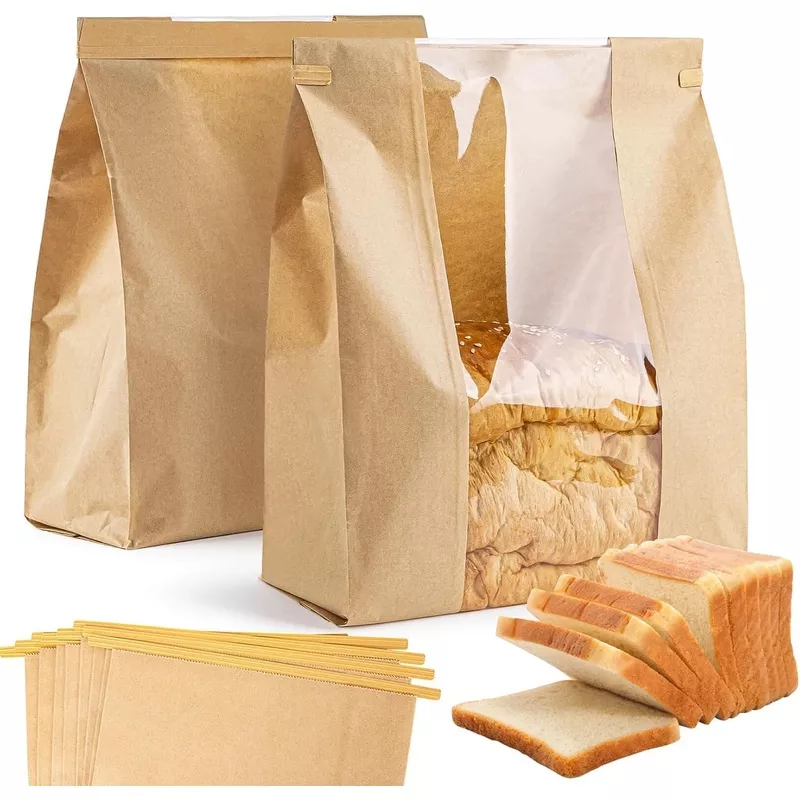 100pcs-bread-bags-with-reusable-ties-homemade-sourdough-bread-storage-bags-brown 100Pcs Bread Bags with Reusable Ties - Homemade Sourdough Bread Storage Bags Brown Paper Bagel Loaf Bakery Bags with Window Toast Bags with Resealable Tie Disposable Baked Goods Sale Packaging