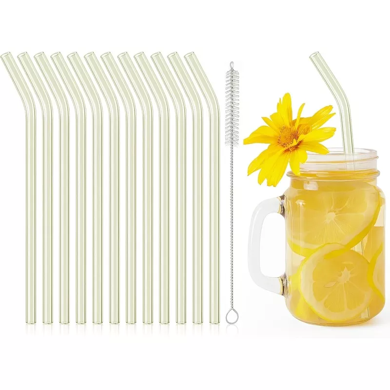12-pcs-reusable-glass-straws-8-x-8-mm-bent-glass-drinking-straws-with-cleaning-b 12 Pcs Reusable Glass Straws 8"x 8 mm Bent Glass Drinking Straws with Cleaning Brush for Tea, Smoothies, Milkshakes, Juices,Beverages.(yellow)