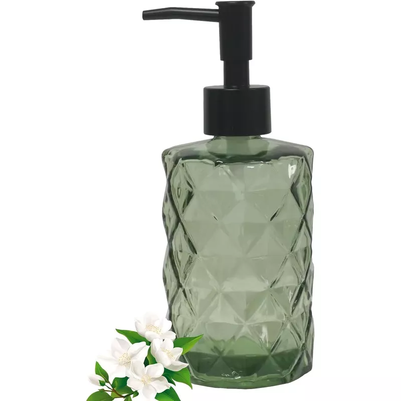 12oz-small-glass-soap-dispenser-with-black-plastic-pump-green-refillable-kitchen 12Oz Small Glass Soap Dispenser with Black Plastic Pump, Green Refillable Kitchen Countertop Liquid Hand Soap Dispensers with Diamond Design, Crystal Bathroom Lotion Bottle for Dispense Dish Soap