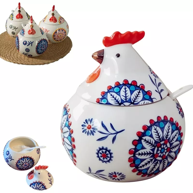 13-5-oz-salt-cellar-with-lid-spoon-blue-ceramic-chicken-spice-jars-salt-sugar-pe 13.5 Oz Salt Cellar With Lid and Spoon (Blue)- Ceramic Chicken Spice Jars for Salt, Sugar, Pepper - Spice Containers for Countertop