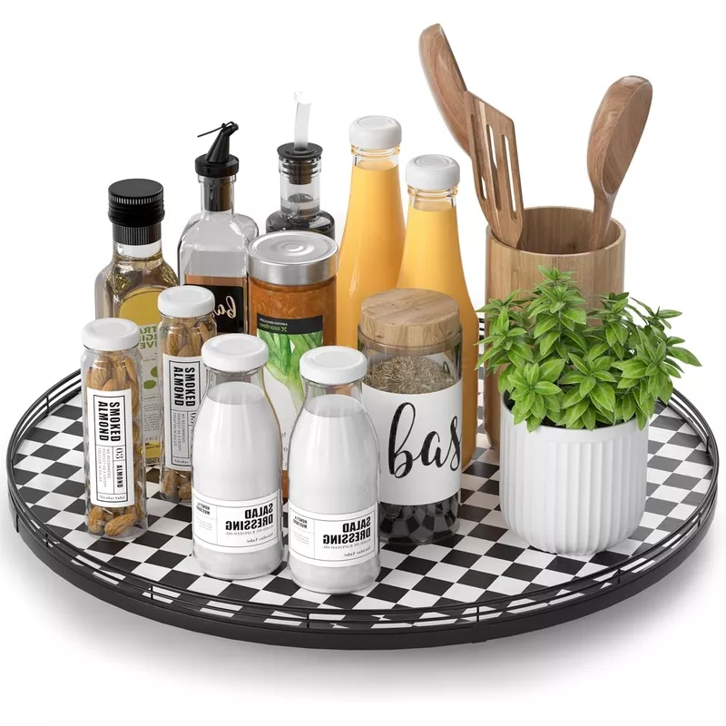 18-black-white-kitchen-lazy-susan-turntable-round-checkered-decorative-tray-larg 18" Black and White Kitchen Lazy Susan Turntable, Round Checkered Decorative Tray, Large Lazy Susan for Dining Table Centerpiece, Pantry, Kitchen, Bathroom, Countertop, Cupboard, Home Decor