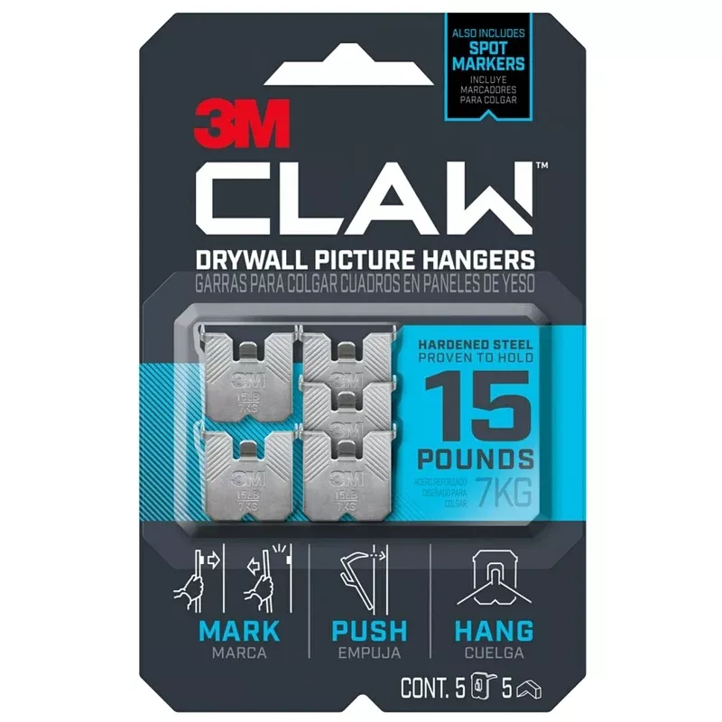 3m-claw-3ph15m-5es-drywall-picture-hanger-15-lb-steel-push-in-5-pk 3M CLAW 3PH15M-5ES Drywall Picture Hanger, 15 lb, Steel, Push-In, 5/PK