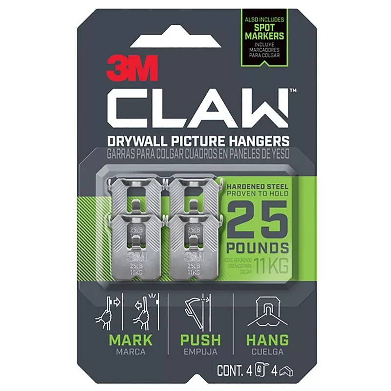 3m-claw-3ph25m-4es-drywall-picture-hanger-25-lb-steel-push-in-4-pk 3M CLAW 3PH25M-4ES Drywall Picture Hanger, 25 lb, Steel, Push-In, 4/PK