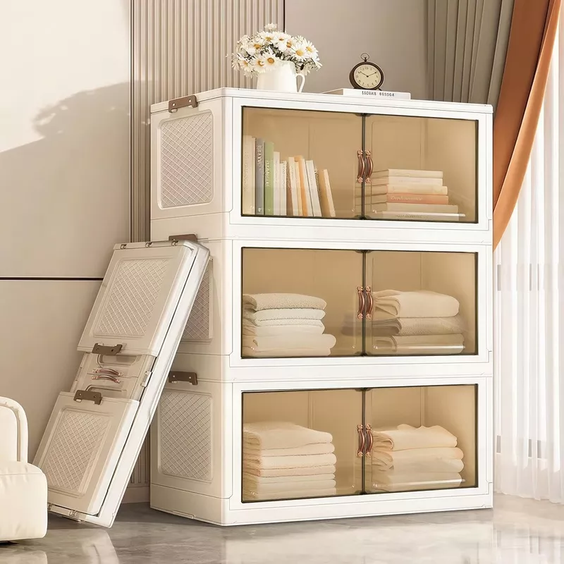 yufer-3-tier-box-plastic-stackable-folding-storage-bins-with-lids-doors-360-480- YUFER 3 Tier Box Plastic Stackable Folding Storage Bins with Lids and Doors,360/480 QT Open Front Storage Bins Organizers for Bedroom Clothes - 1 Box 120 QT White